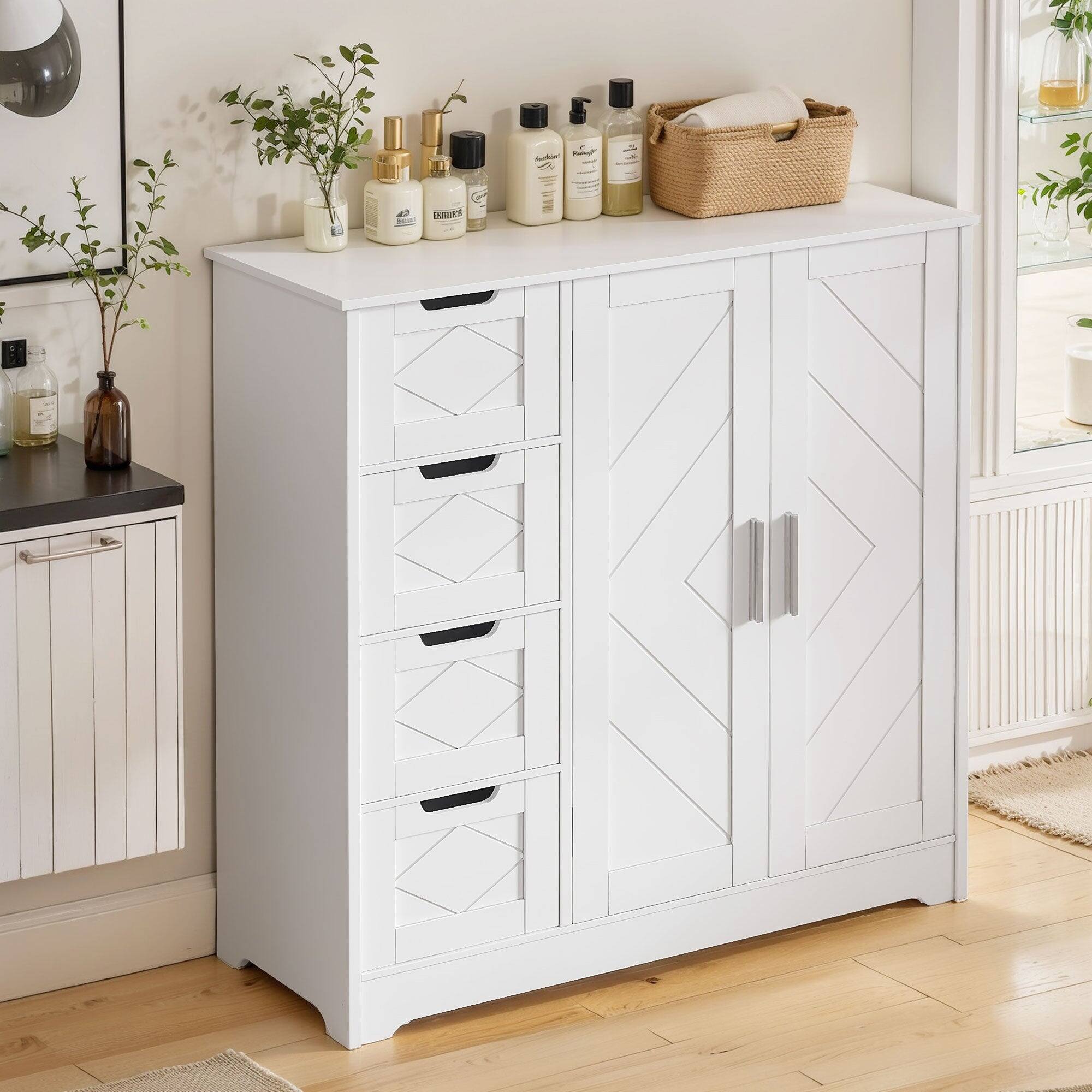 Alt View 2. Vecelo - Freestanding Storage Cabinet with Drawers and Doors, Floor Storage Cabinet with Adjustable Shelf - White.