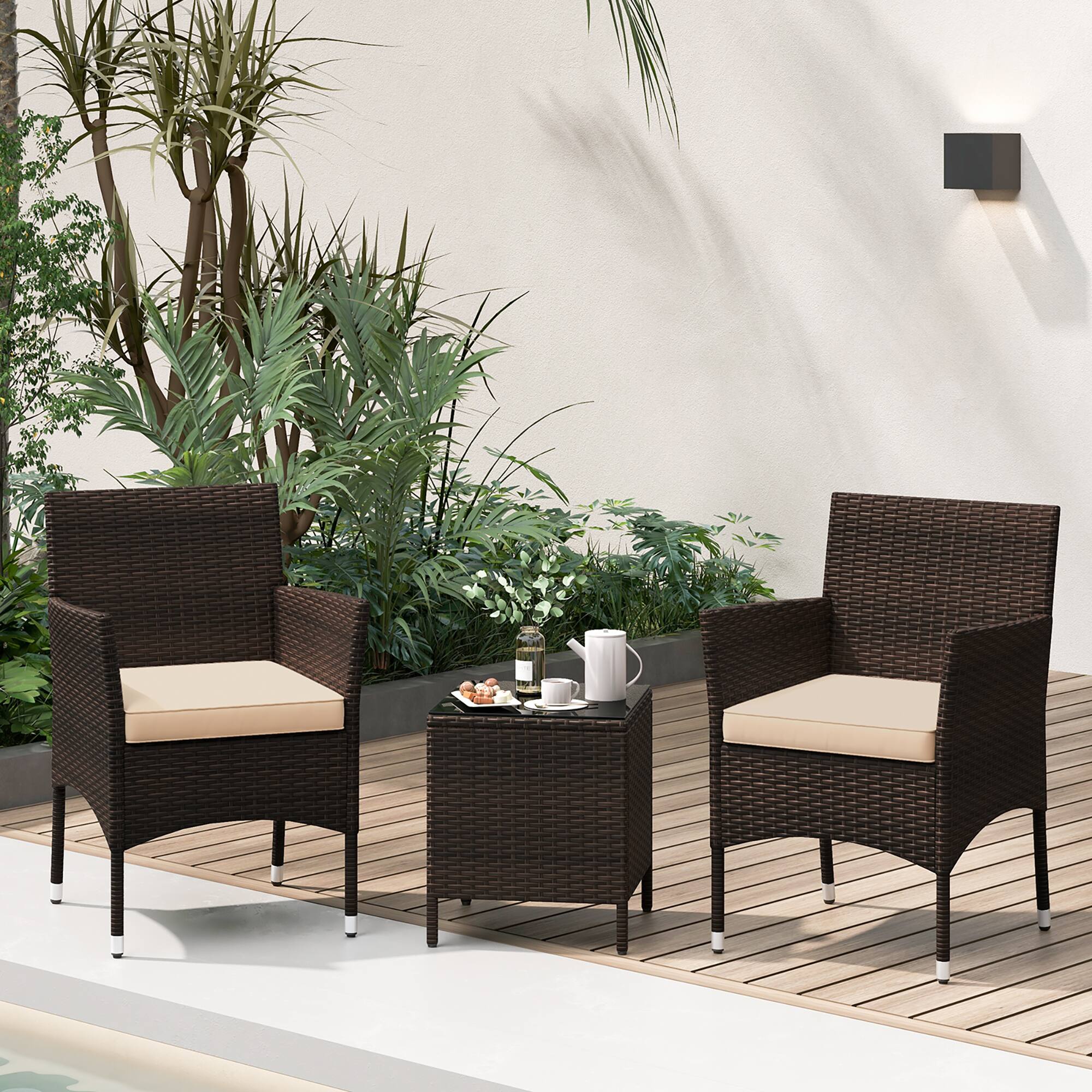 Gymax - 3 PCS Outdoor Conversation Set w/ Cushioned Seat & Tempered Glass Tabletop - Mix Brown price history on PriceWatchPro