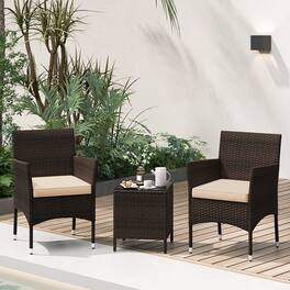 Gymax - 3 PCS Outdoor Conversation Set w/ Cushioned Seat & Tempered Glass Tabletop - Mix Brown