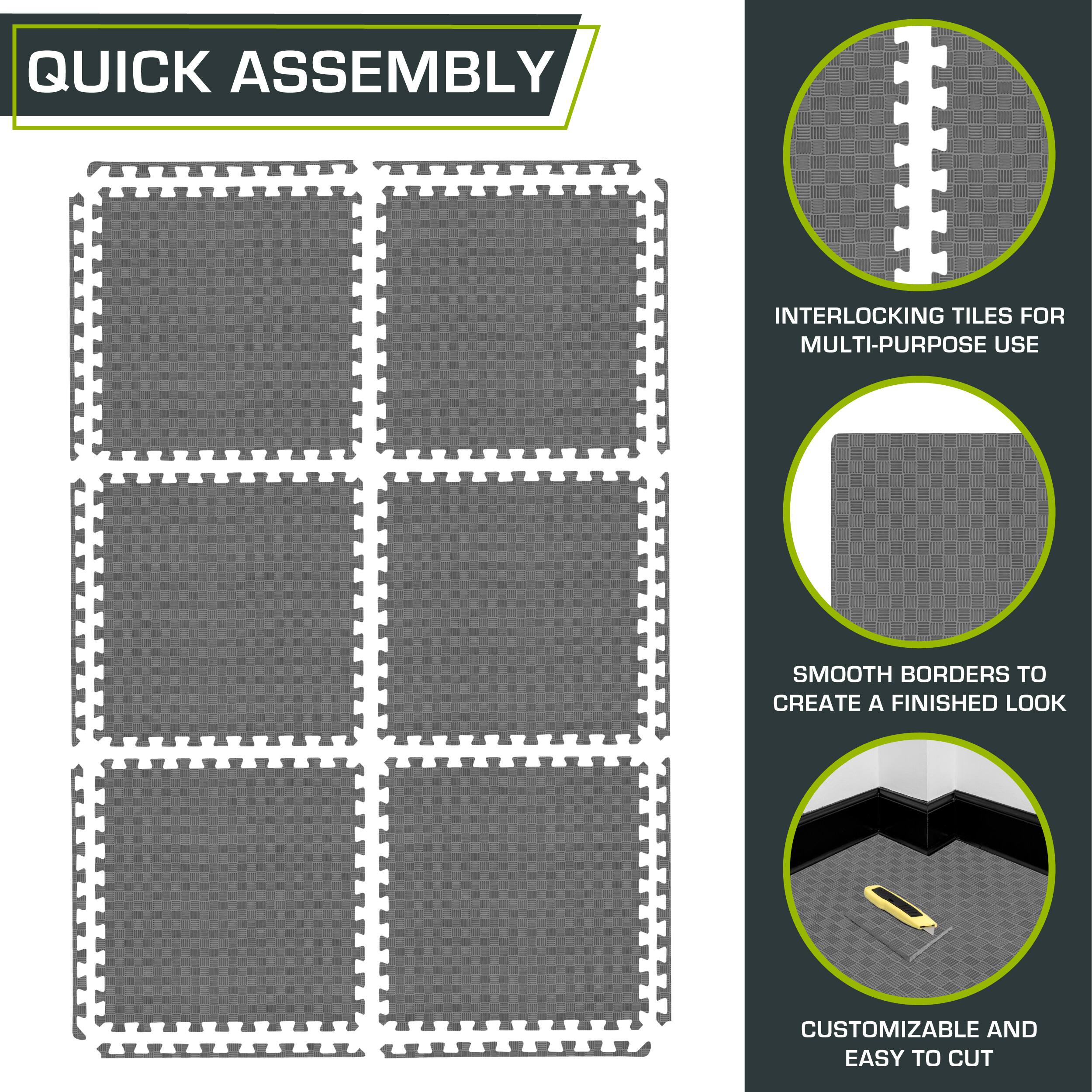 Quick Assembly Interlocking Tiles for Multi-Purpose Use. Smooth Borders to Create a Finished Look. Customizable and Easy to Cut.