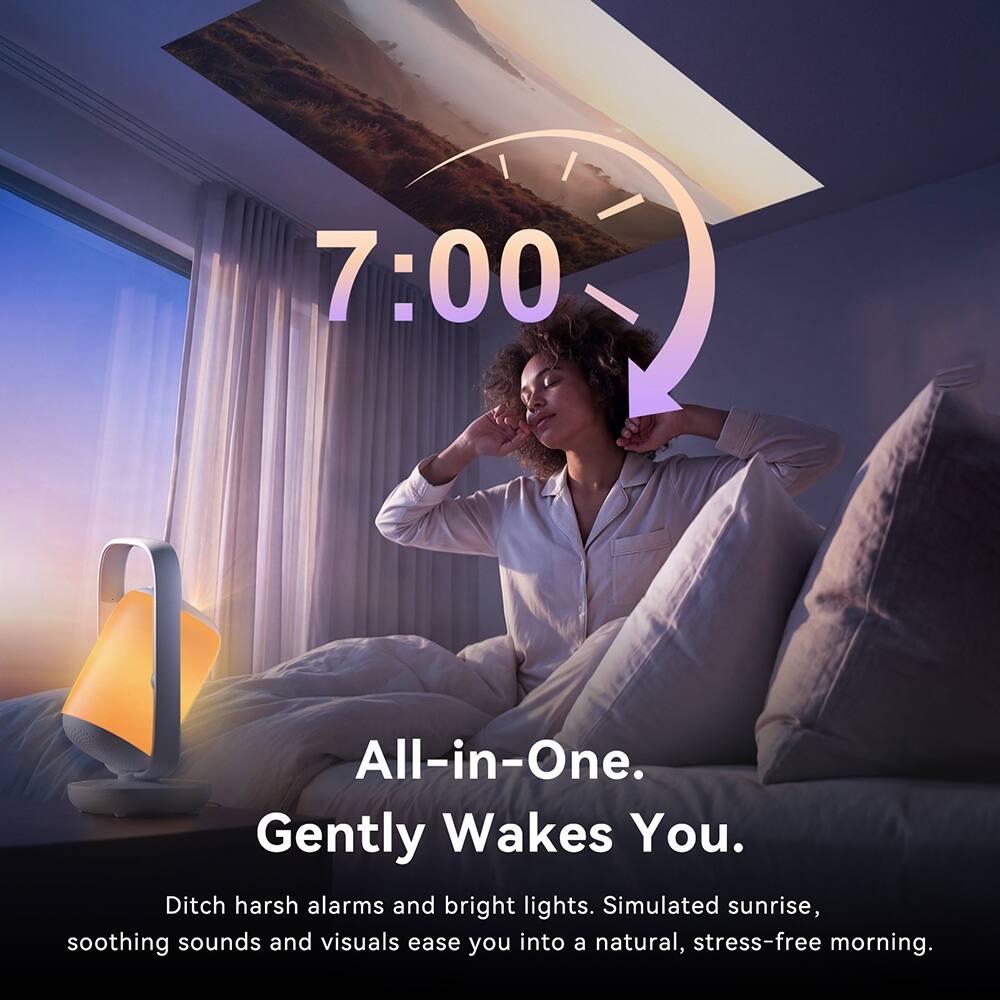 7:00

All-in-One. Gently Wakes You.

Ditch harsh alarms and bright lights. Simulated sunrise, soothing sounds and visuals ease you into a natural, stress-free morning.