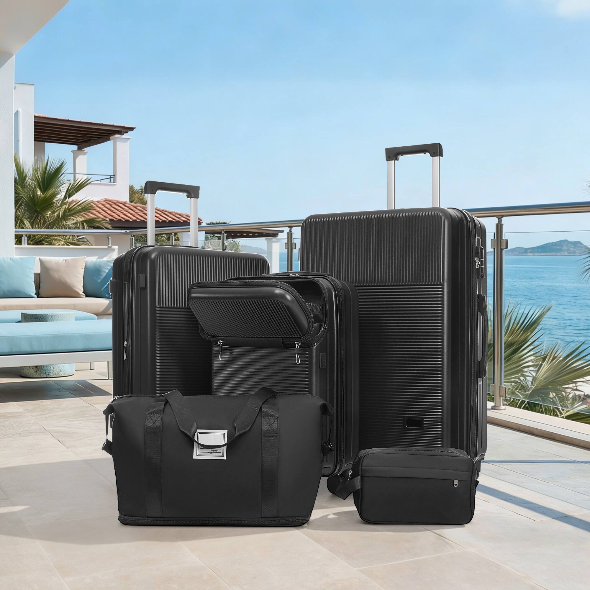 Alt View 1. Ecooso - 5-Piece ABS Luggage Set with Half-Open 20" Carry-On, USB Port, Double Spinner Wheels, TSA Locks, Bags - Black.
