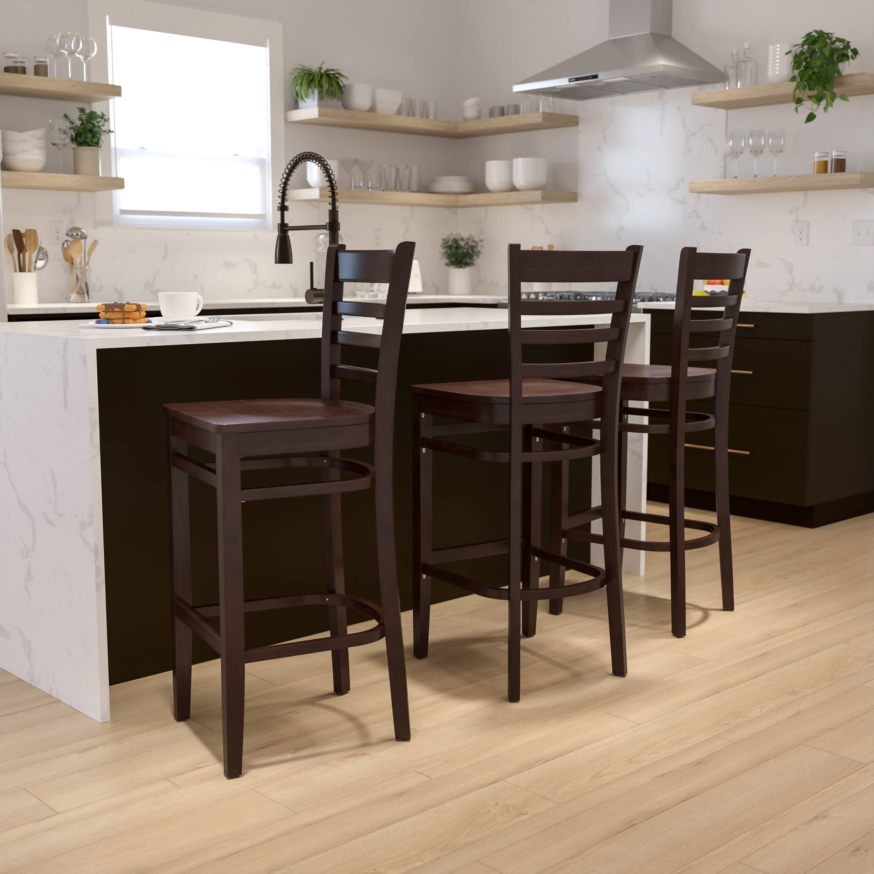 Alt View 1. Emma + Oliver - Ladder Back Wooden Restaurant Dining Barstool - Walnut Wood Seat/Walnut Wood Frame.