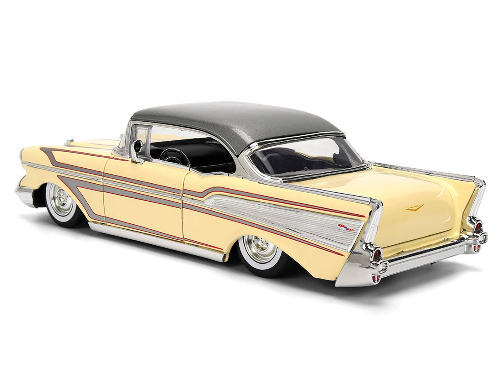 Alt View 1. Jada - 1957 Chevrolet Bel Air Cream with Graphics and Gray Metallic Top "Bigtime Muscle" Series 1/24 Diecast Model Car by Jada - Cream with Gray Metallic.