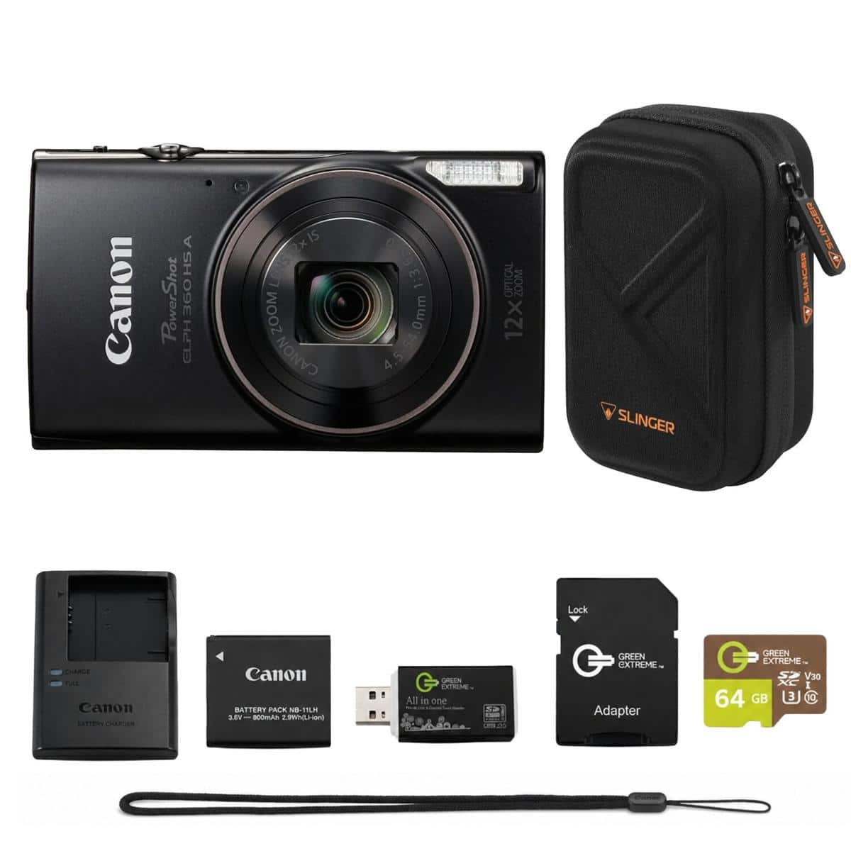 Bundle - Canon - PowerShot ELPH 360 HS Digital Camera with 64GB microSD Card, SD Adapter, USB Card Reader, Slinger Hardshell