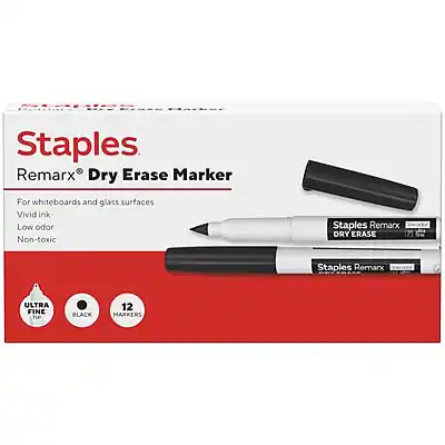 Staples Remarx Dry Erase Marker
For whiteboards and glass surfaces
Vivid ink
Low odor
Non-toxic
Staples Remarx ULTRA FINE TIP BLACK
12 MARKERS