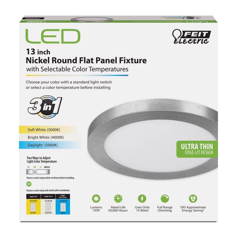 FEIT ELECTRIC - 1 in. H X 13 in. W X 13.1 in. L Nickel LED Flat Panel Light Fixture