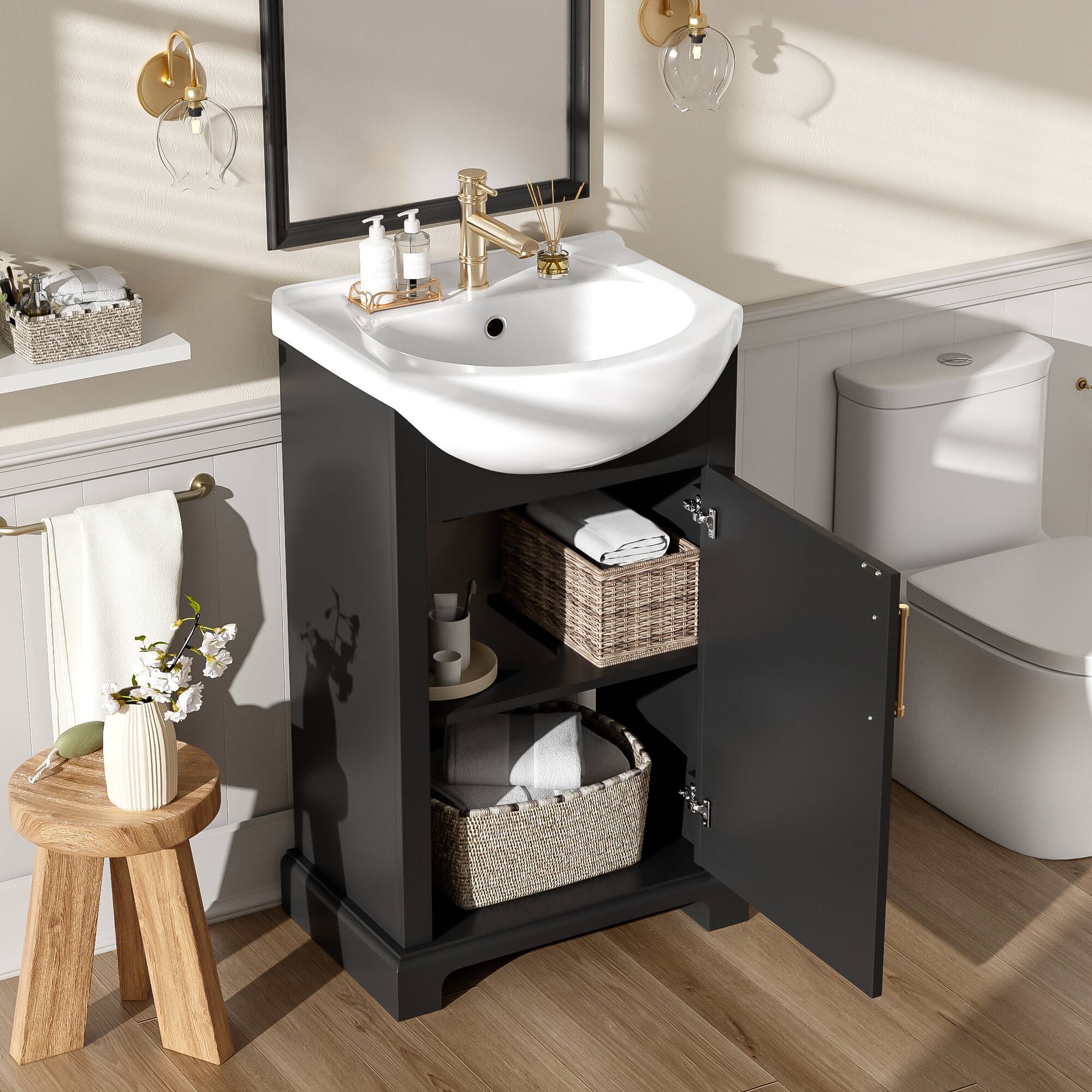 Angle. JUJABU - 20 in. Black Freestanding Bathroom Vanity with Ceramic Sink, Soft Closing Door, Bulged Ceramic Basin - Black.