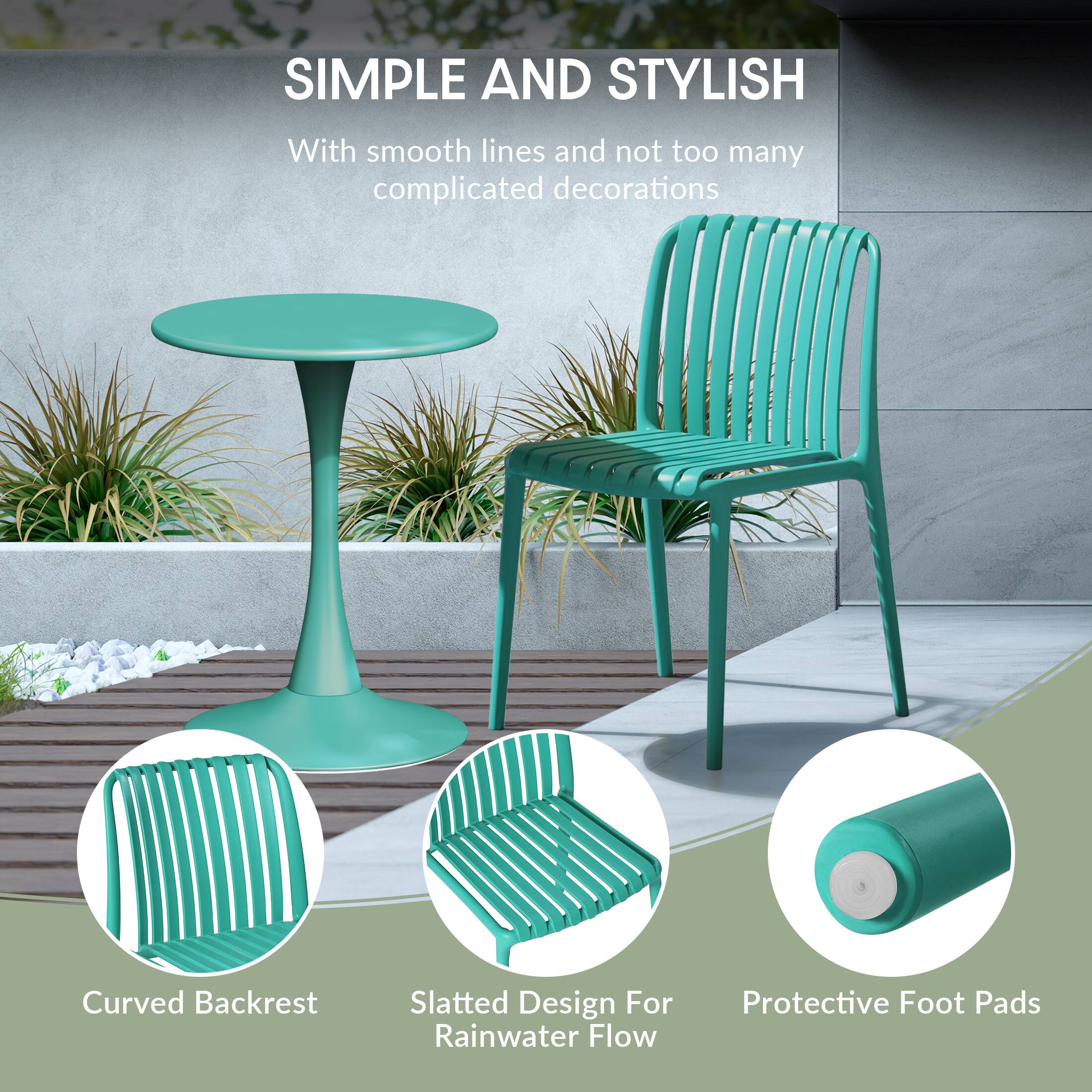 SIMPLE AND STYLISH  
With smooth lines and not too many complicated decorations  

Curved Backrest  
Slatted Design For Rainwater Flow  
Protective Foot Pads