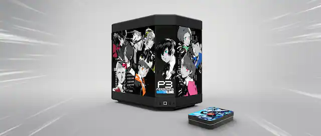 The image features a black and white box with a P3 logo on it. The box is adorned with many different images, including a picture of a person. The box is placed on a white background, and there is a smaller box next to it. The overall scene suggests that the box may contain a video game or some other form of entertainment.