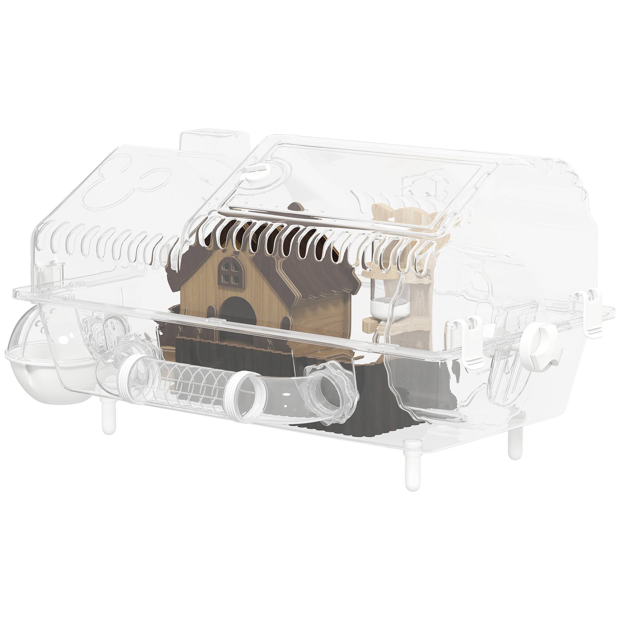 Pawhut - Cage with Large Wheel & Hideout, Small Animal Habitat with Accessories, Pet House - Clear