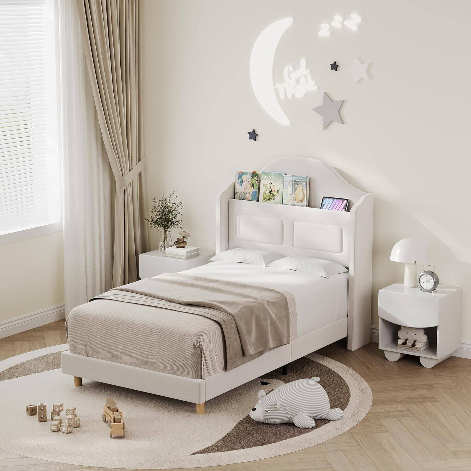 Front. Homhougo - Twin Size Bed Frame, Beige, LED Lights, Velvet Upholstered, Wing Back, Easy Assembly - Beige Twin.