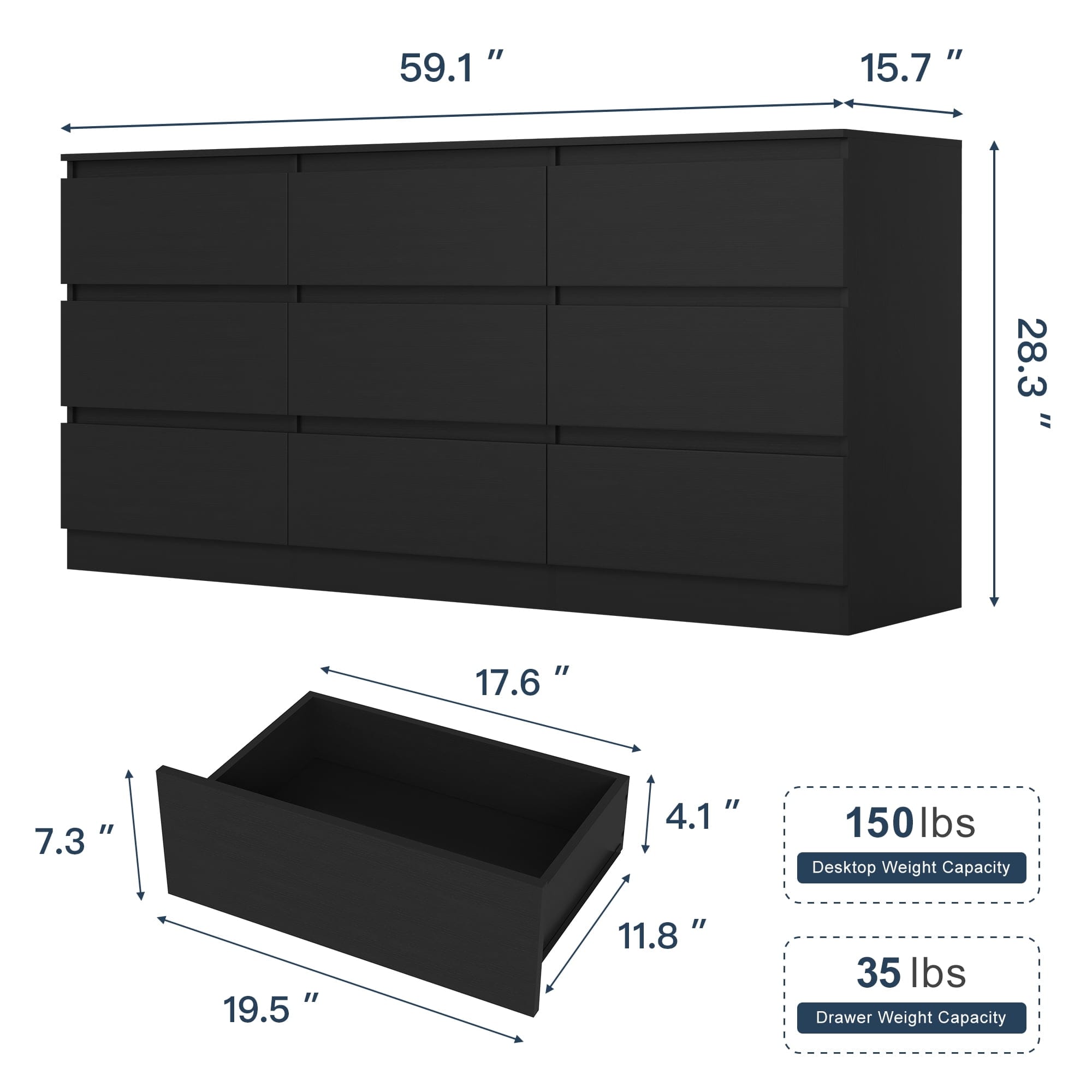59.1" x 15.7" x 28.3"
17.6" x 7.3" x 19.5" x 11.8" x 4.1"
150 lbs Desktop Weight Capacity
35 lbs Drawer Weight Capacity