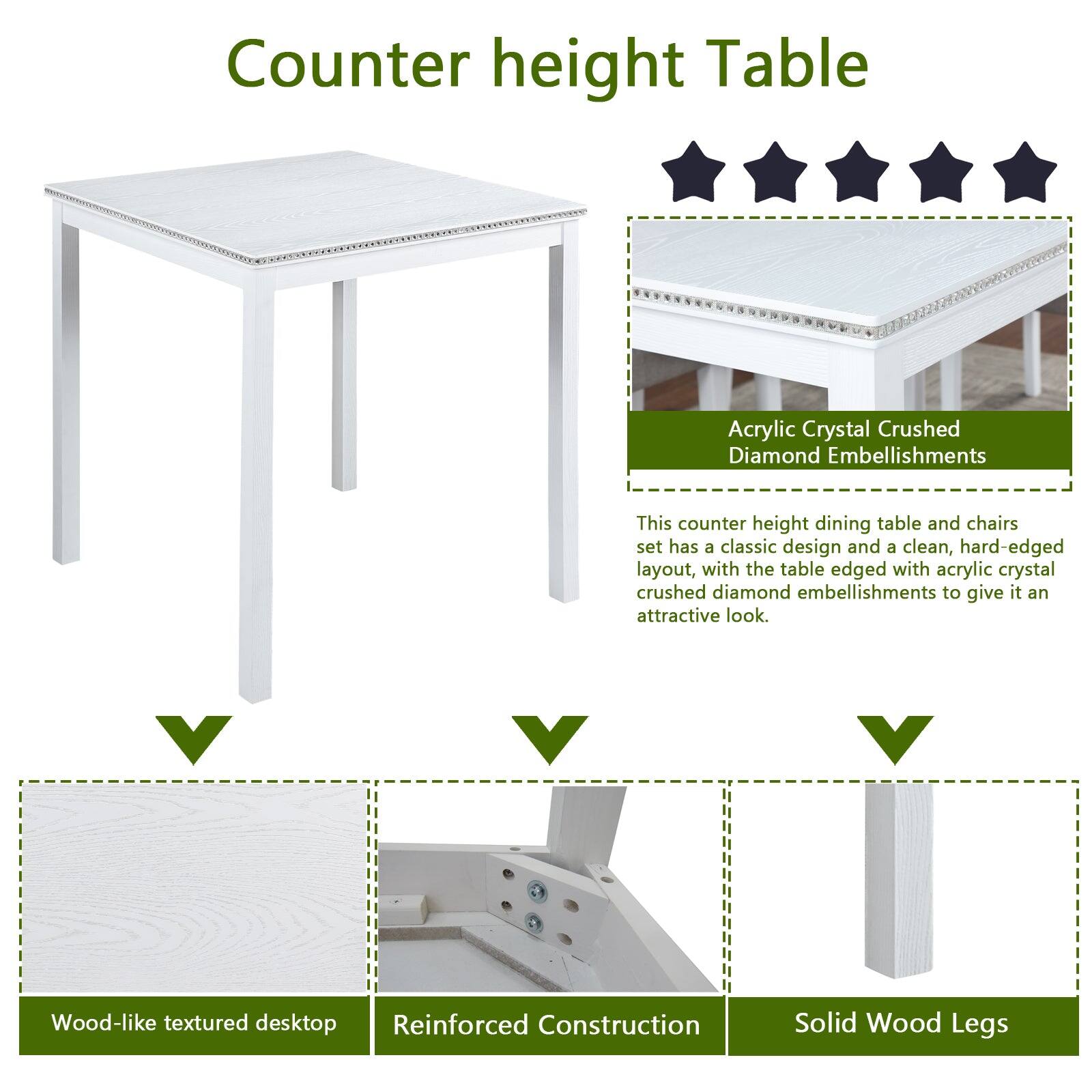 Counter height Table

Acrylic Crystal Crushed Diamond Embellishments

This counter height dining table and chairs set has a classic design and a clean, hard-edged layout, with the table edged with acrylic crystal crushed diamond embellishments to give it an attractive look.

- Wood-like textured desktop
- Reinforced Construction
- Solid Wood Legs