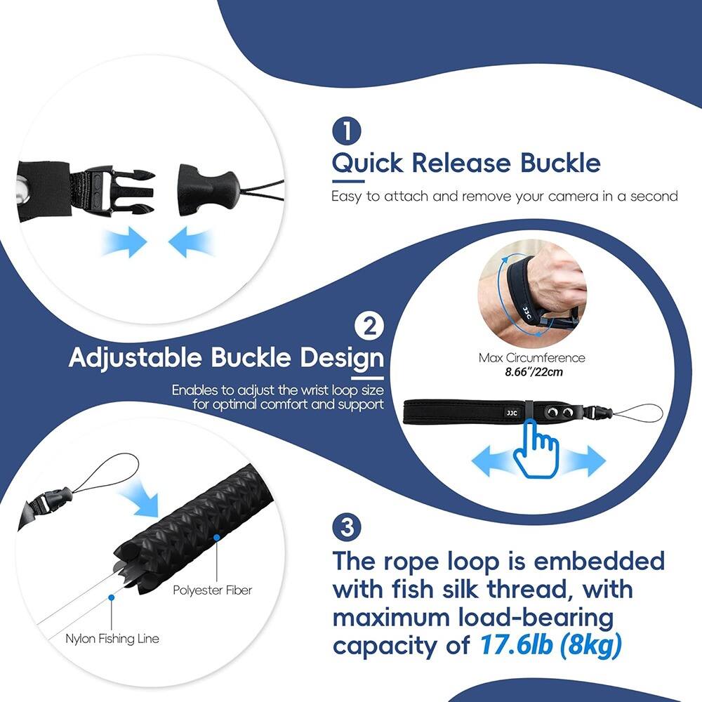 1. Quick Release Buckle  
   Easy to attach and remove your camera in a second

2. Adjustable Buckle Design  
   Enables to adjust the wrist loop size for optimal comfort and support  
   Max Circumference: 8.66"/22cm

3. The rope loop is embedded with fish silk thread, with maximum load-bearing capacity of 17.6lb (8kg)