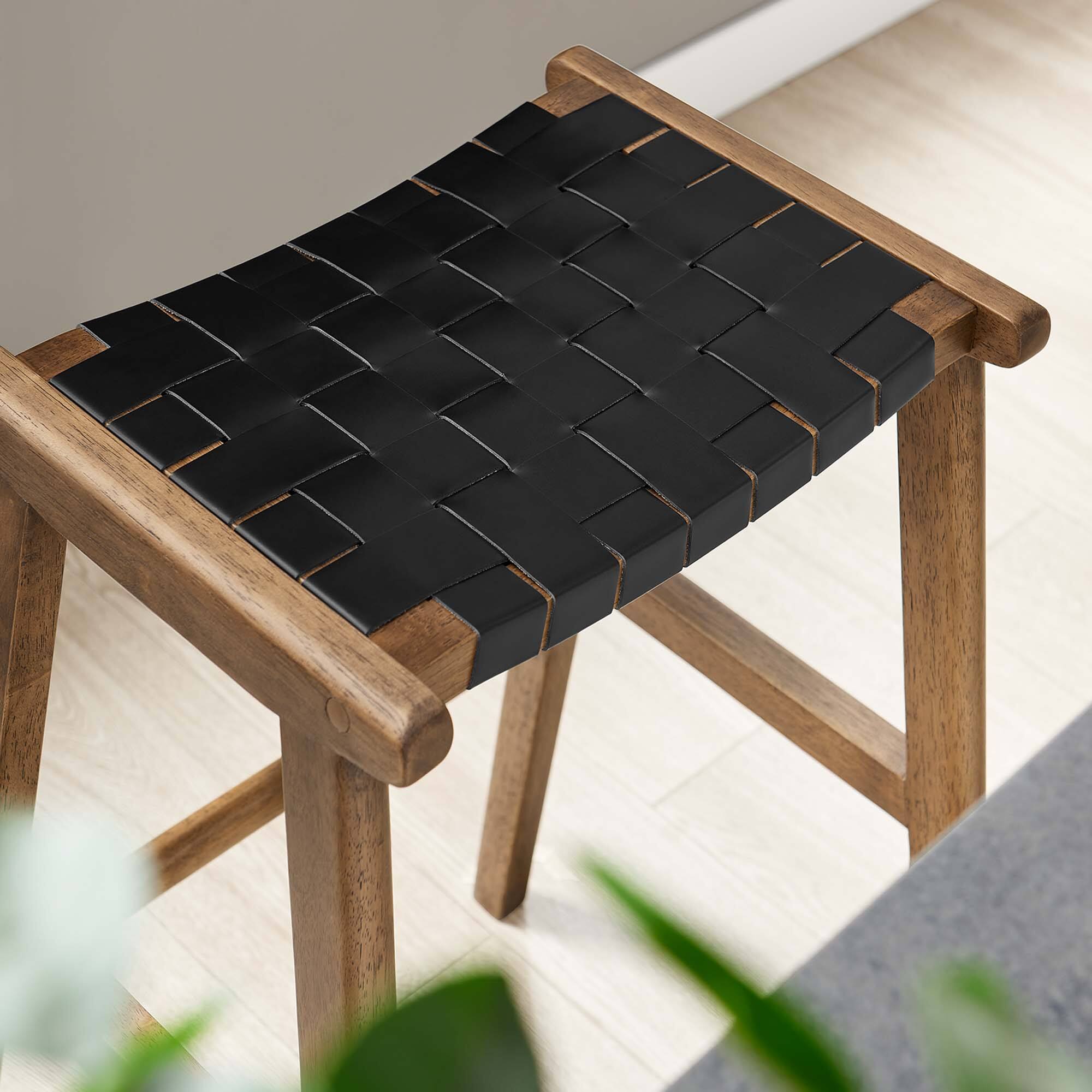 Alt View 1. Modway - Saoirse Leather Wood Bar Stool Set of 2 by Modway - Walnut Black.