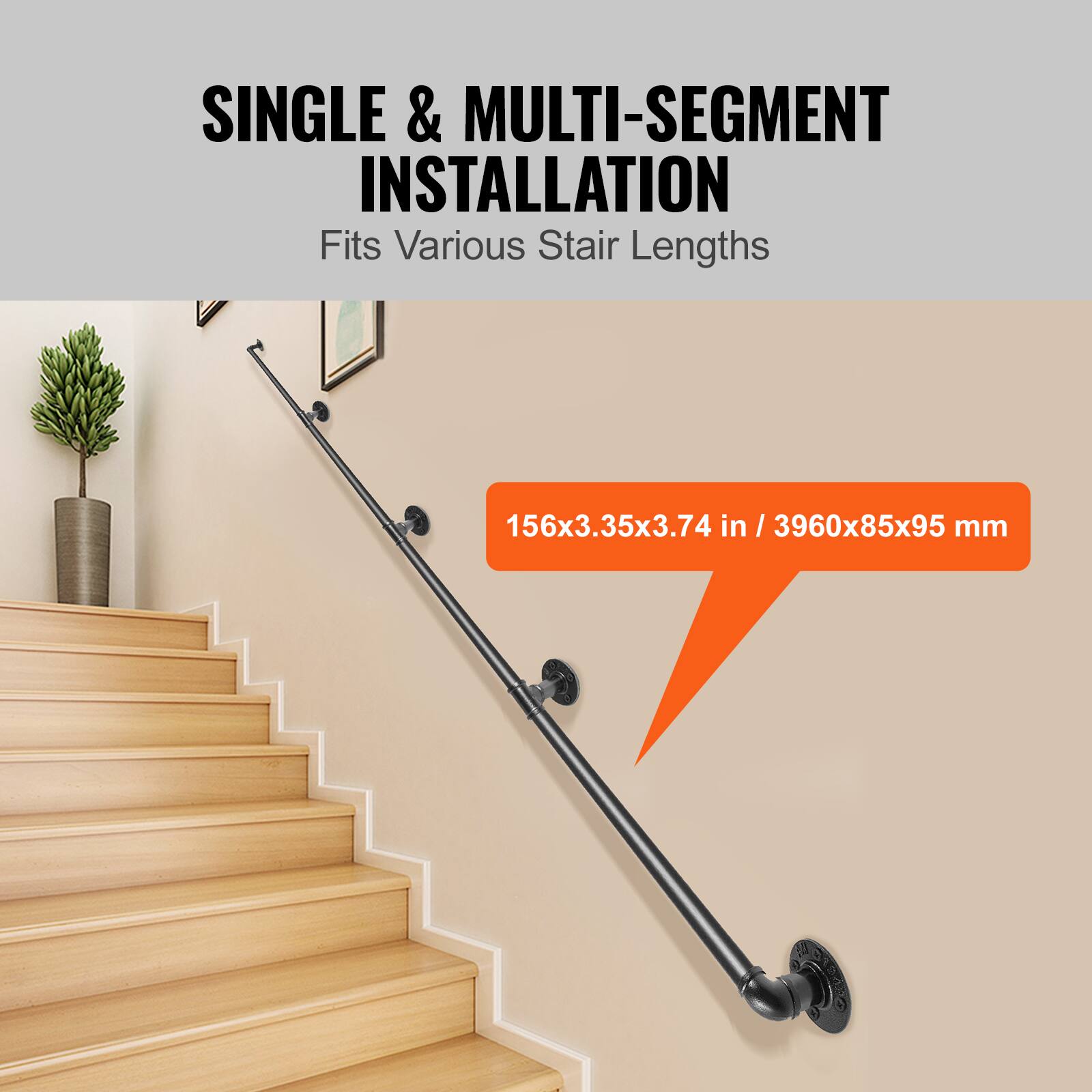 SINGLE & MULTI-SEGMENT INSTALLATION  
Fits Various Stair Lengths  

156x3.35x3.74 in / 3960x85x95 mm