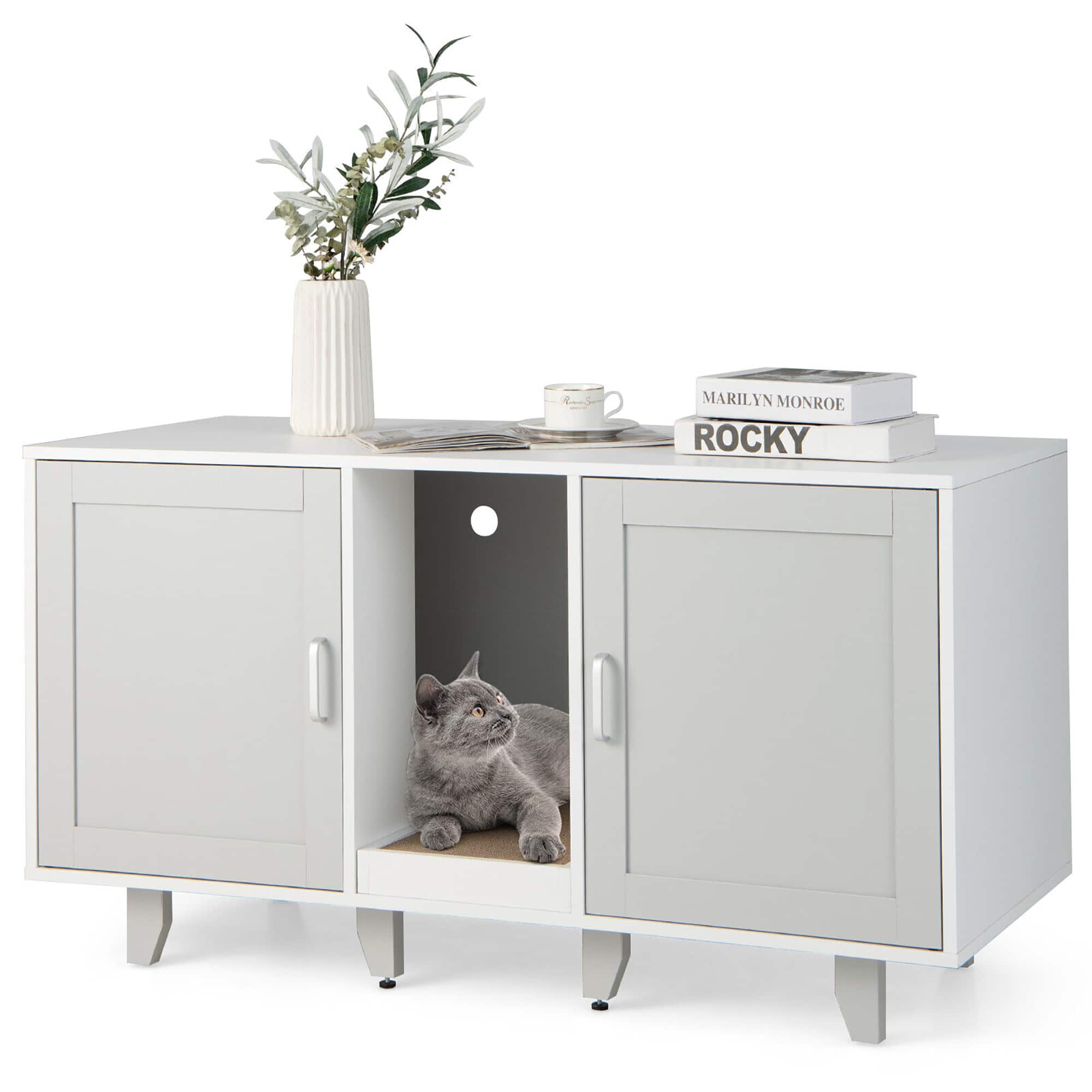 Gymax - Cat Litter Box Enclosure Hidden Cat Washroom w/ 2 Doors Grey - Gray