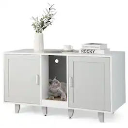 Gymax - Cat Litter Box Enclosure Hidden Cat Washroom w/ 2 Doors Grey - Gray