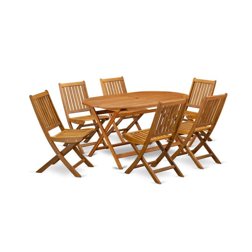 East West Furniture - DIDK7CWNA 7-Piece Outdoor Table Set- 6 Outdoor Folding Chairs Slatted Back and Patio Table and - Natural Oil