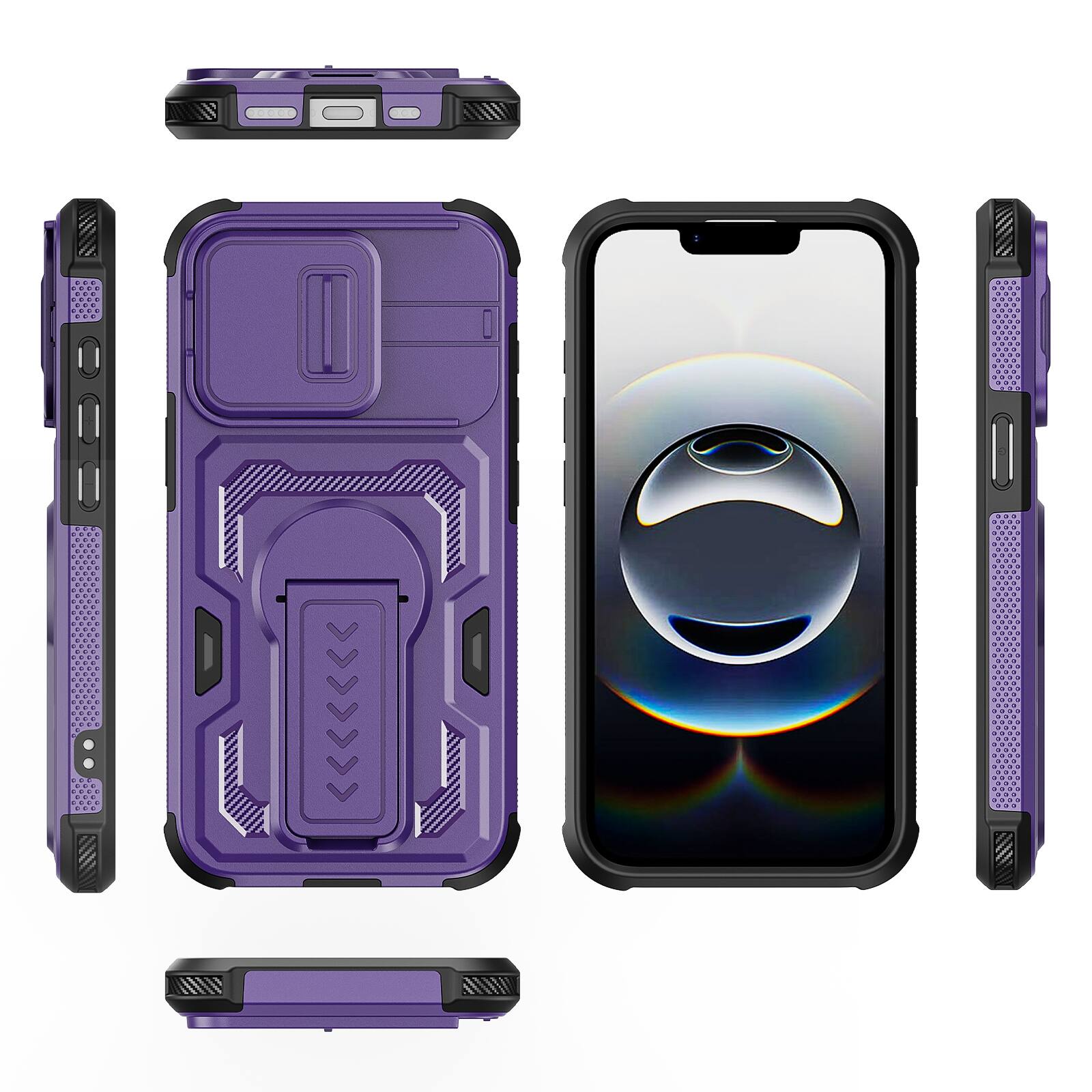 Alt View 4. Dteck - Rugged Stand Case for Apple iPhone 17e / 16e,Shockproof Heavy Duty Cover With Sliding Lens Cover+Tempered Glass Flim - Purple.