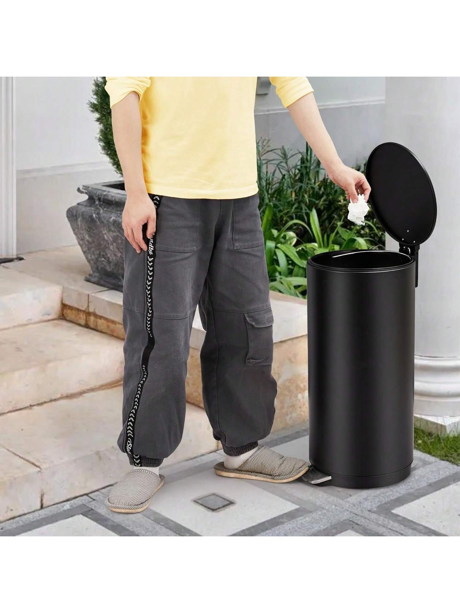 Front. GARVEE - Home Kitchen 8 Gallon 30L Step Trash Can Round Bathroom Garbage Can With Lid And Foot Pedal Kitchen Garbage Bin - Black.