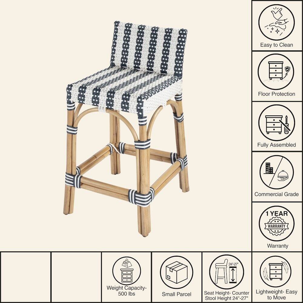 Easy to Clean  
Floor Protection  
Fully Assembled  
Commercial Grade  
1 YEAR WARRANTY  
Weight Capacity- 500 lbs  
Small Parcel  
Seat Height- Counter Stool Height 24"-27"  
Lightweight- Easy to Move