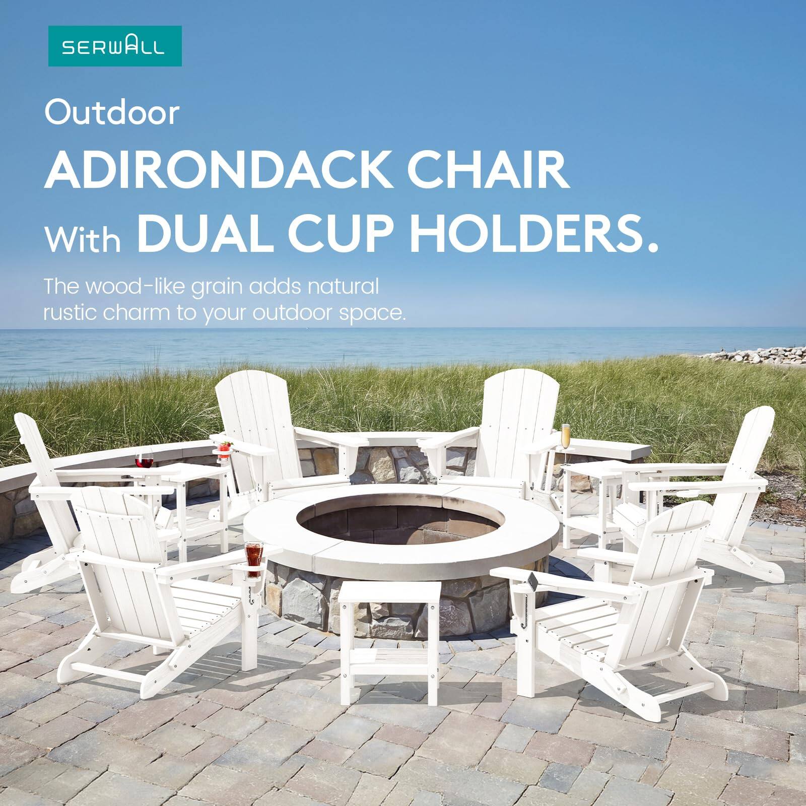 SERWALL Outdoor ADIRONDACK CHAIR With DUAL CUP HOLDERS. The wood-like grain adds natural rustic charm to your outdoor space.
