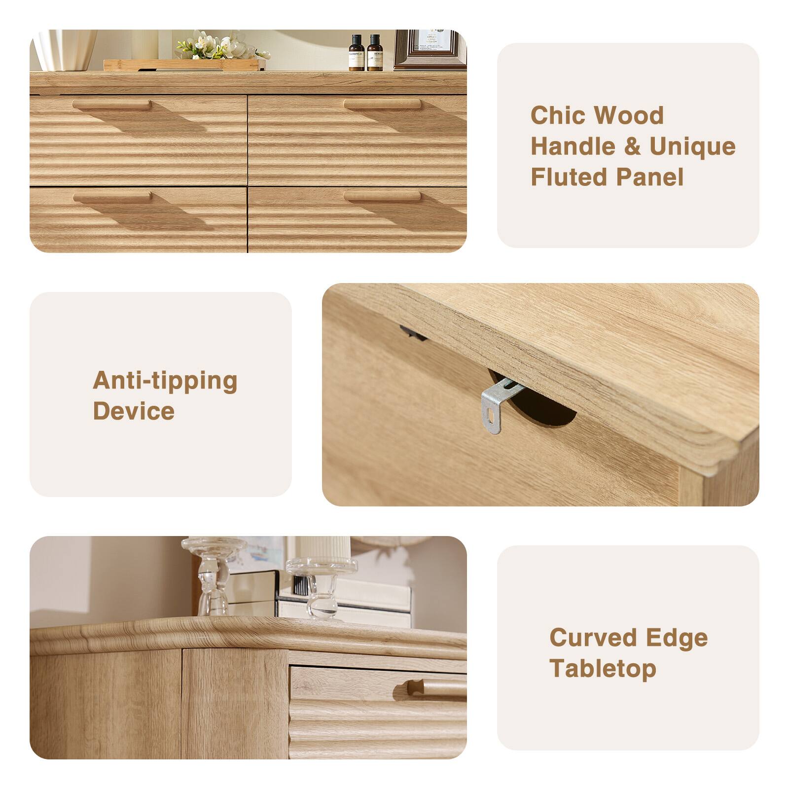 - Chic Wood Handle & Unique Fluted Panel
- Anti-tipping Device
- Curved Edge Tabletop