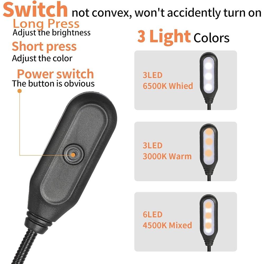 Switch not convex, won't accidentally turn on  
Long Press  
Adjust the brightness  
Short press  
Adjust the color  
Power switch  
The button is obvious  

3 Light Colors  
3LED 6500K White  
3LED 3000K Warm  
6LED 4500K Mixed