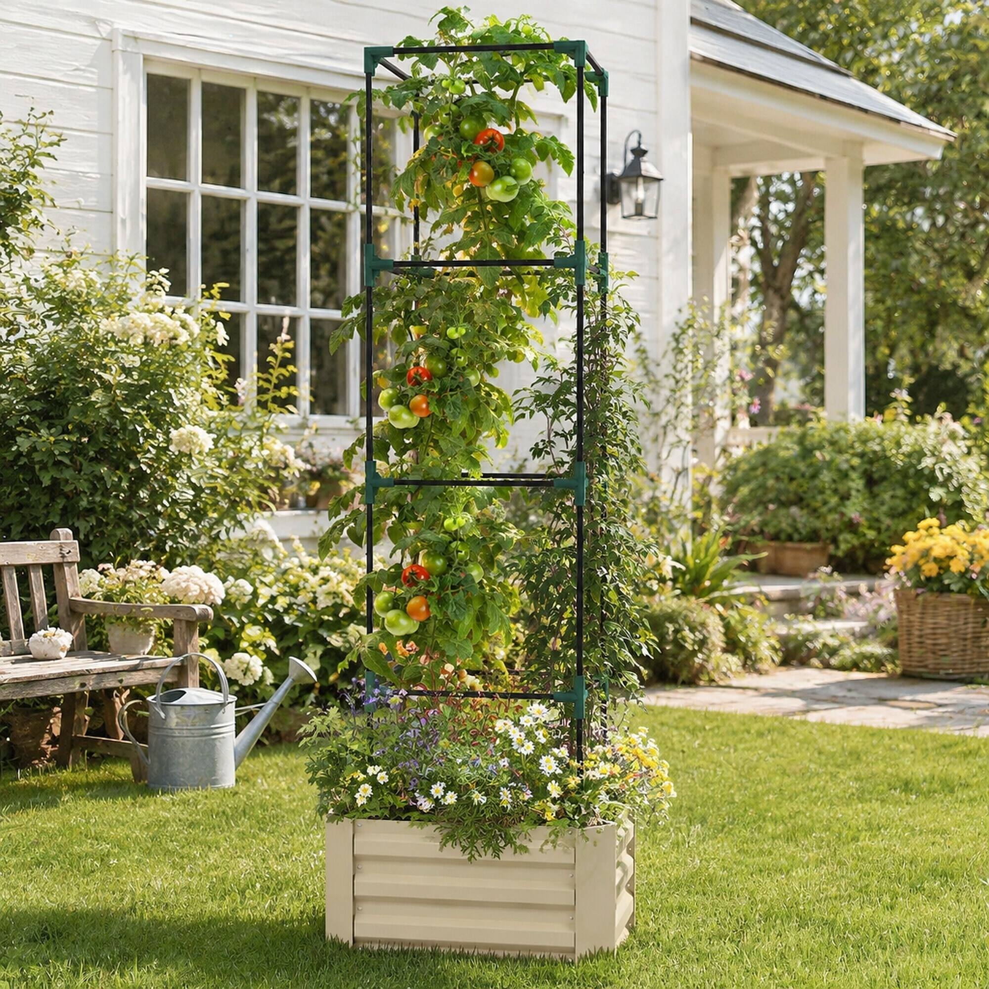 Angle. RYHNUYNE - Galvanized Raised Garden Bed 24" x 24" with Trellis Tomato Cage, Open Bottom Metal Planter Box for Climbing - White.