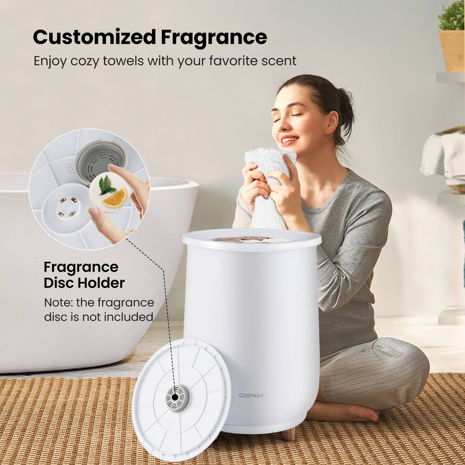 Customized Fragrance Enjoy cozy towels with your favorite scent Fragrance Disc Holder Note: the fragrance disc is not included Costway