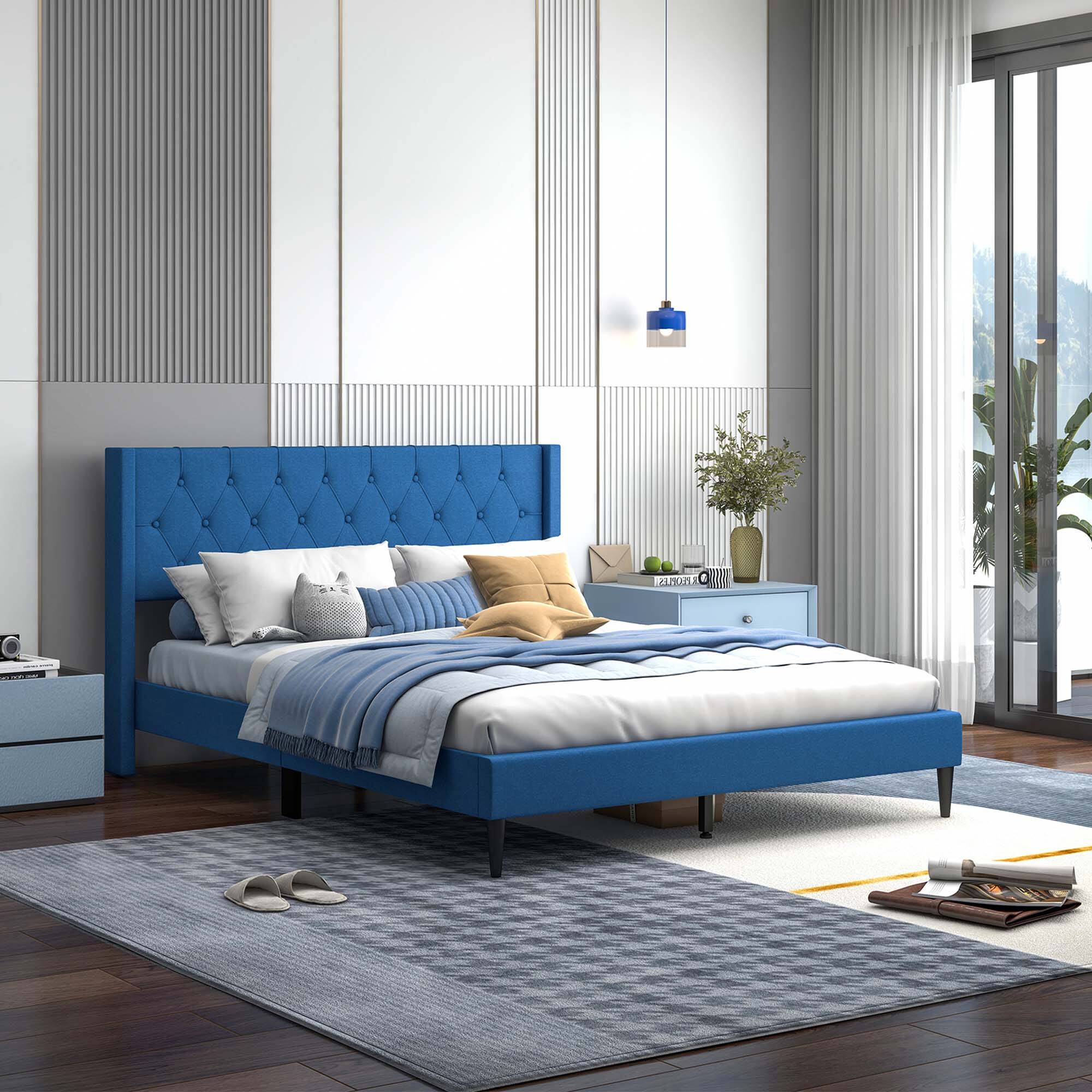 Alt View 9. Costway - Costway Queen Size Upholstered Platform Bed with Button Tufted Wingback Headboard - Blue.
