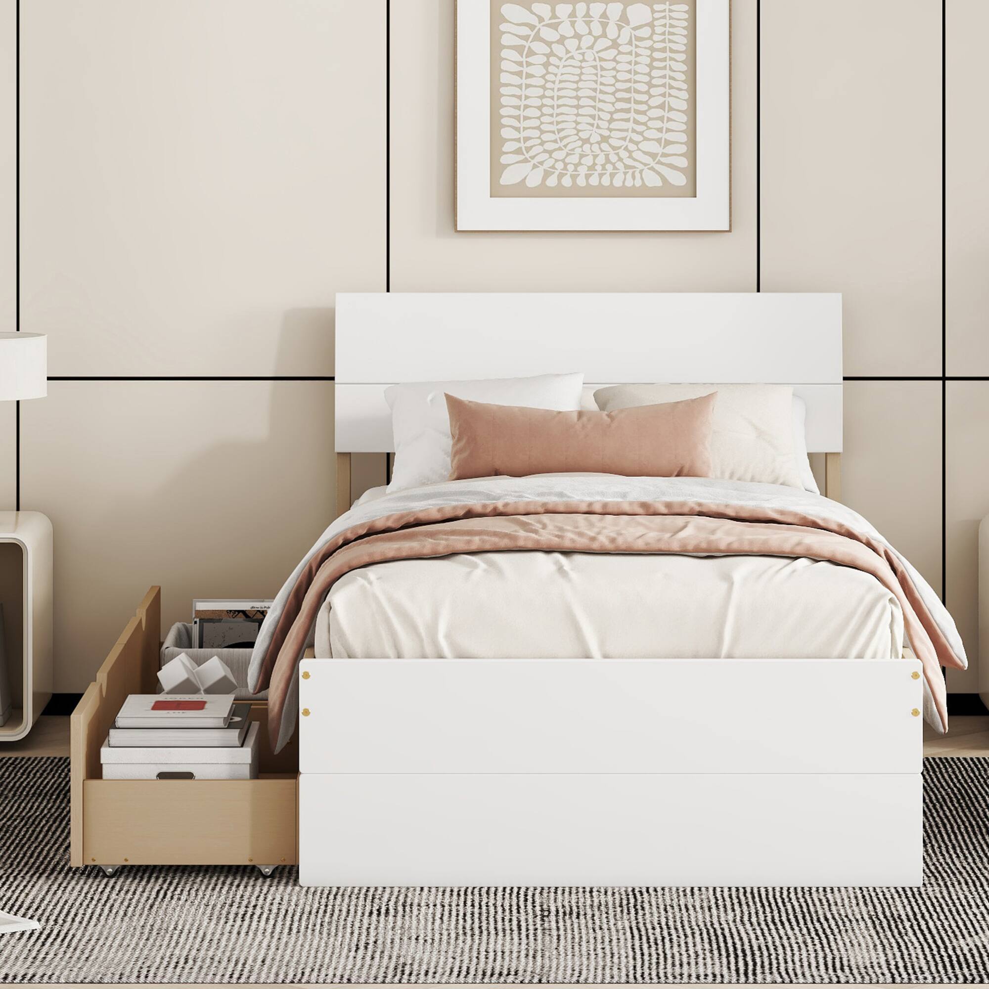 Angle. GOODSILO - Modern Twin Bed Frame with Storage Drawers and High Gloss Finish - White+Light Oak.