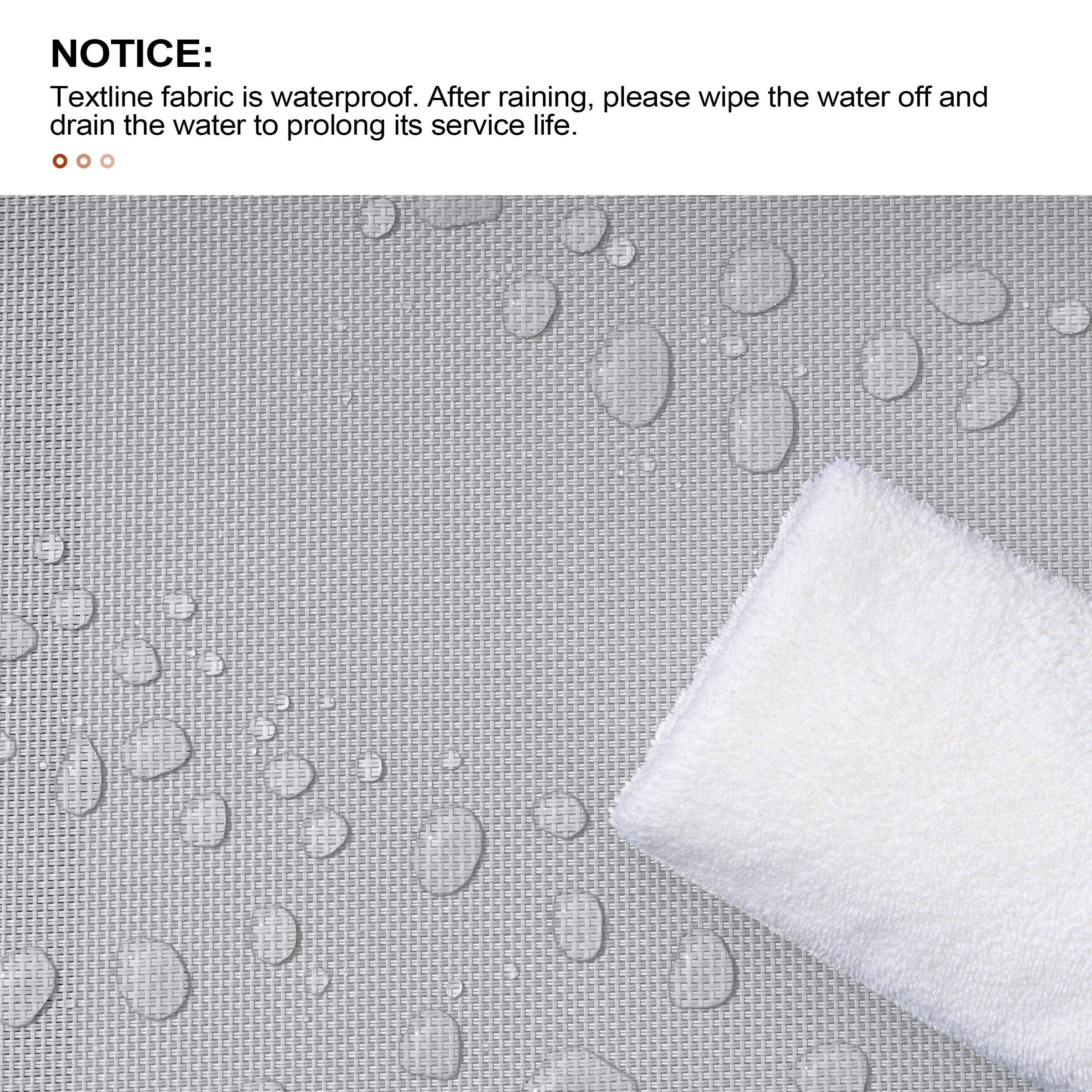 NOTICE:  
Textline fabric is waterproof. After raining, please wipe the water off and drain the water to prolong its service life.