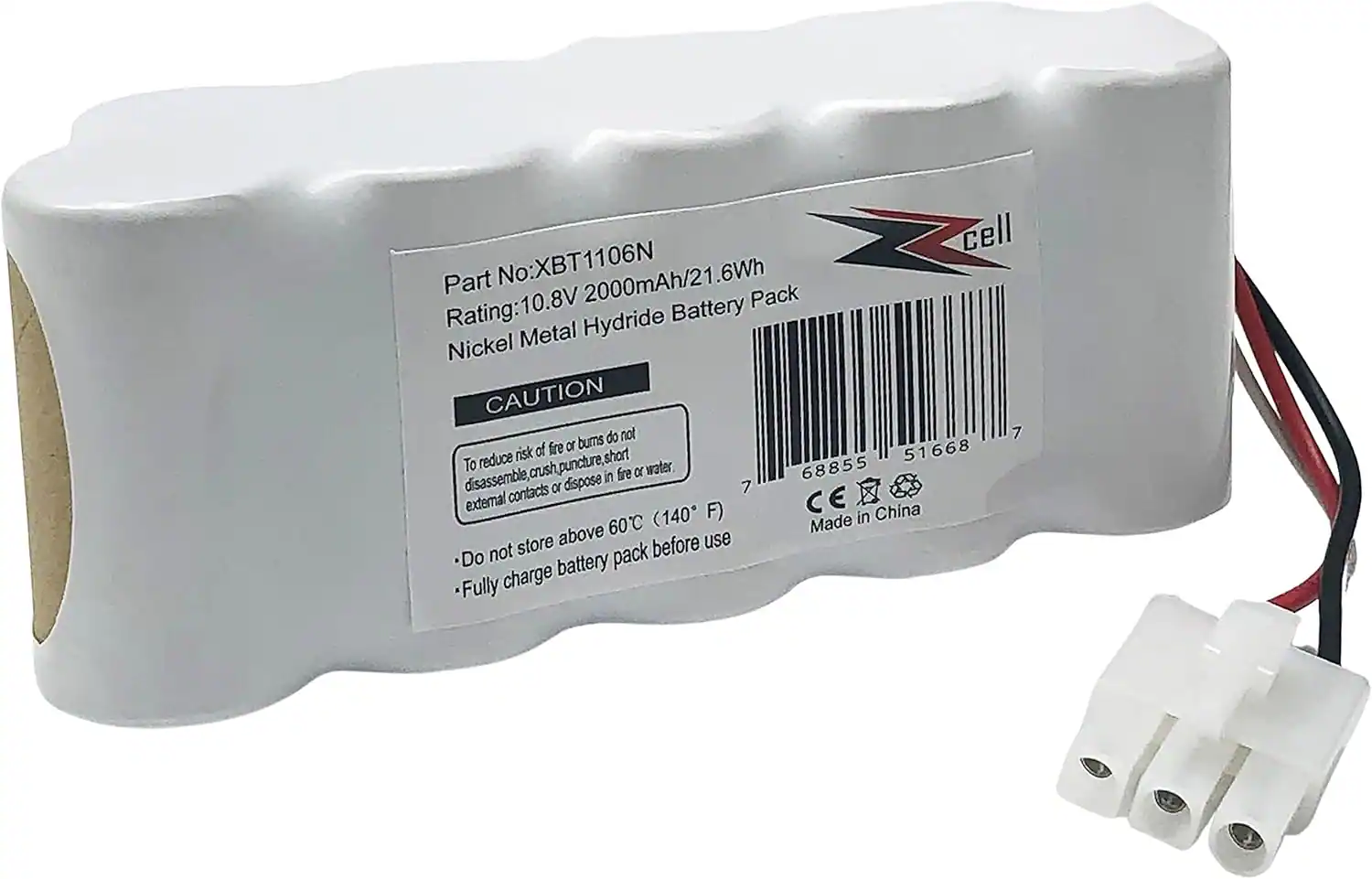 cell  
Part No:XBT1106N  
Rating:10.8V 2000mAh/21.6Wh  
Nickel Metal Hydride Battery Pack  

CAUTION  
do not disassemble, crush, puncture, short external contacts or dispose in fire or water.  
Do not store above 60°C (140°F)  
Fully charge battery pack before use  

Made in China  
CE