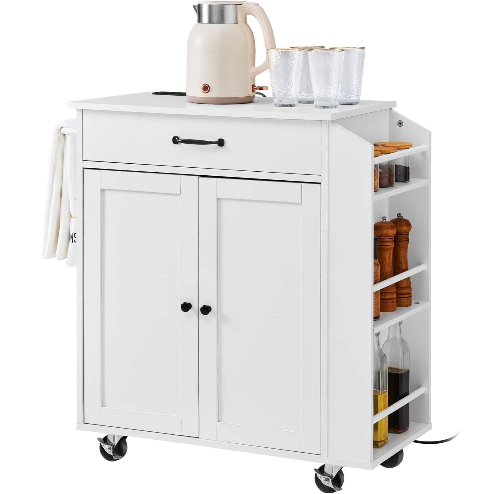 VEVOR - Kitchen Island Cart, 32" Mobile Carts with Storage Cabinet, Rolling Table with Power Outlet, Spice Rack, Towel Bar - White