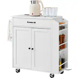 VEVOR - Kitchen Island Cart, 32" Mobile Carts with Storage Cabinet, Rolling Table with Power Outlet, Spice Rack, Towel Bar - White