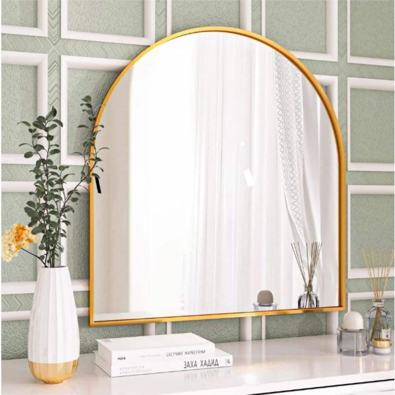 HOMLUX - Arch Top Wall Mirror Gold Aluminum Frame Arched Wall Mounted Decorative for Entryway Bathroom Bedroom