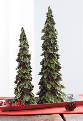 BreeBe - Holly Leaf Holiday Trees with Pinecone Accents (Set of 2) - Green, Brown