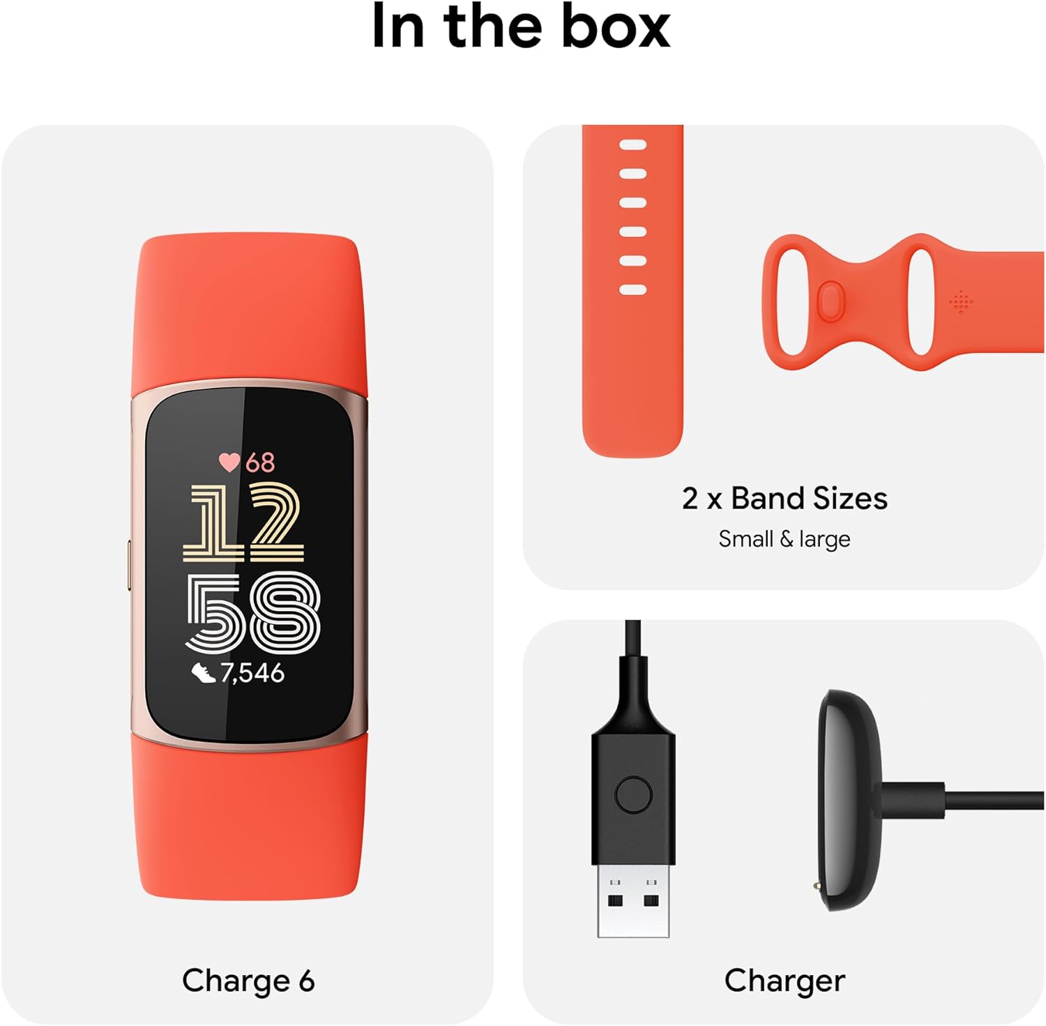In the box

- Charge 6
- 2 x Band Sizes (Small & large)
- Charger