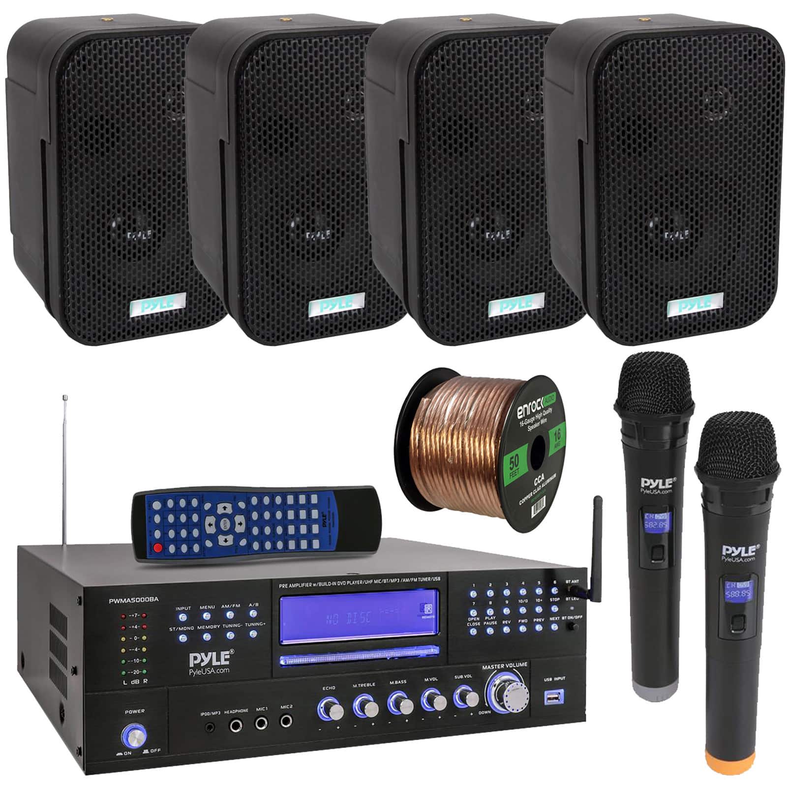 Pyle - 3000W Bluetooth Home CD/DVD Player AM/FM Receiver, 2 Wireless Mics , 4x 3.5" 300W Indoor/Outdoor Speakers w/Wire