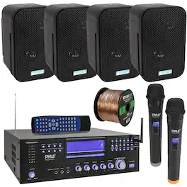 Pyle - 3000W Bluetooth Home CD/DVD Player AM/FM Receiver, 2 Wireless Mics , 4x 3.5" 300W Indoor/Outdoor Speakers w/Wire