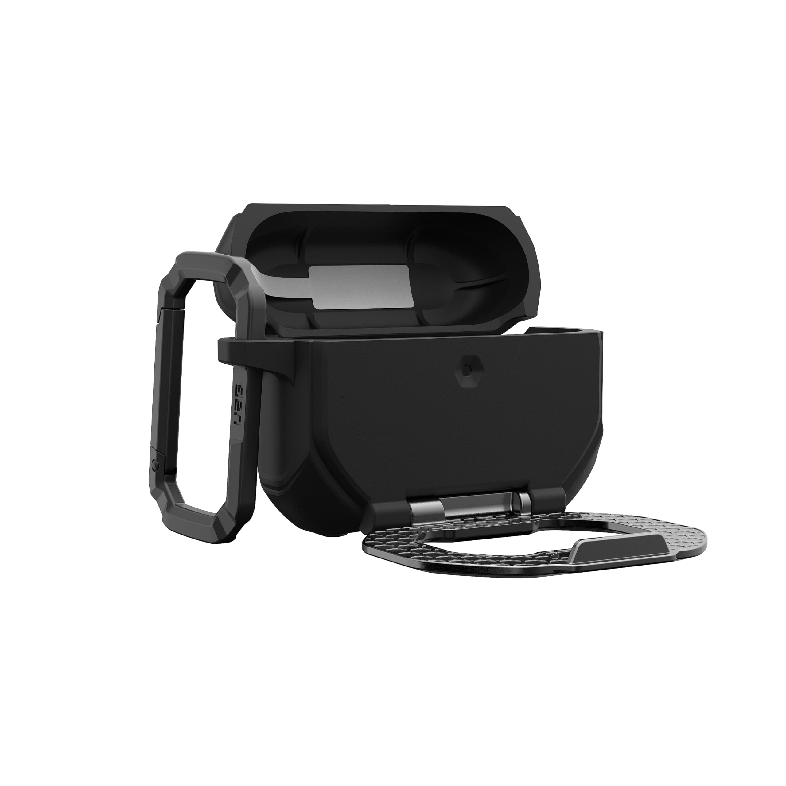 Alt View 8. UAG - AirPods Pro 3rd Gen Case w/ Built-in Phone Stand & Detachable Carabiner Clip, Rugged Protective Cover, Monarch - Black/Silver.
