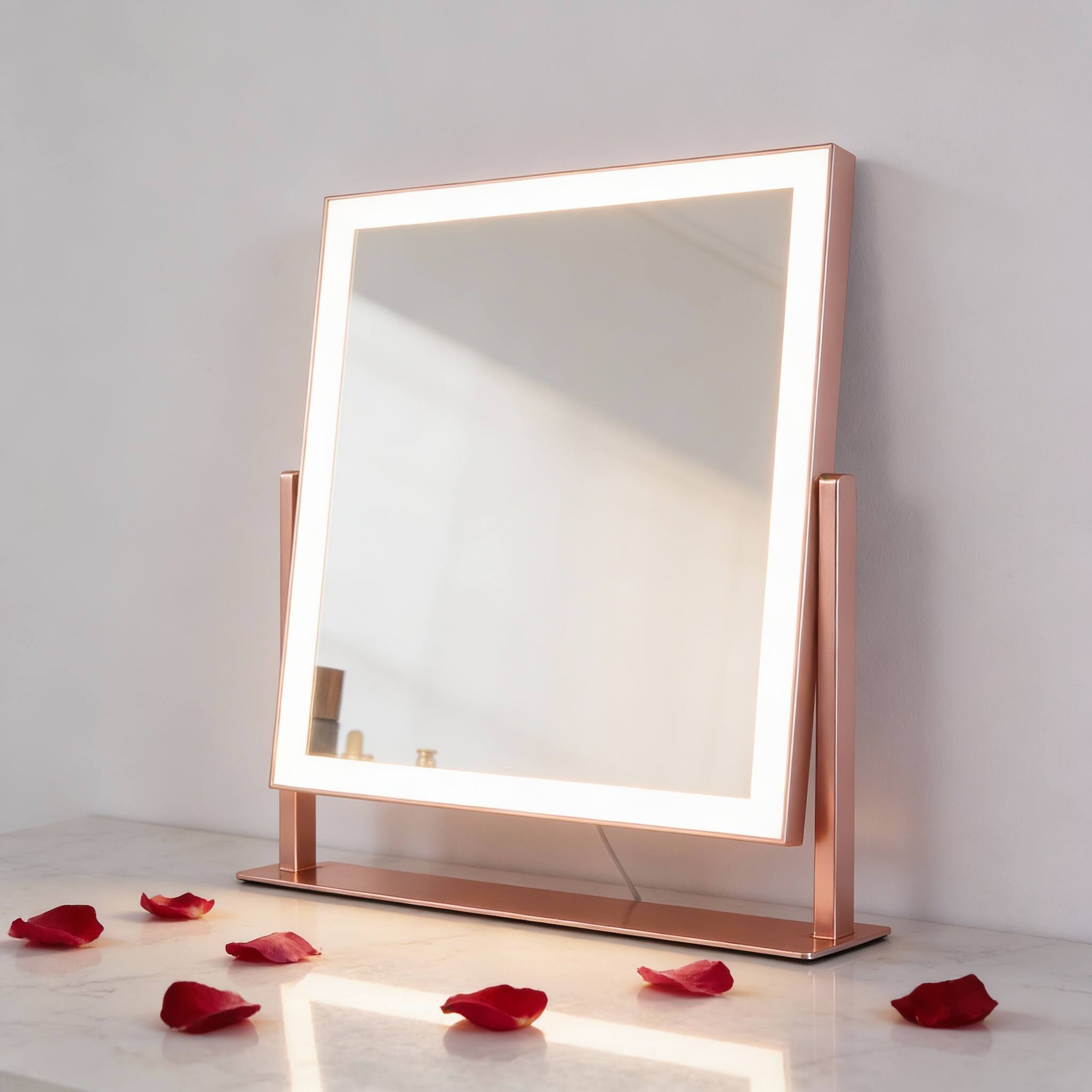 Back. PO3TICJUNKI3 - Lighted Vanity Mirror with 3 Color Modes, 5X Magnification, Touch Control, 360° Rotation - 13.5"L x 17.4"W (96 LED).