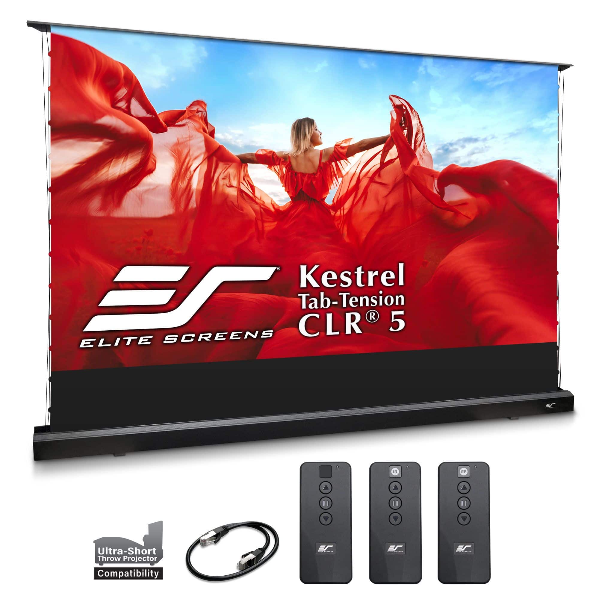 Elite Screens - Kestrel Tab-TensionCLR5,152"Diag,16:9,CeilingLightRejecting Electric Floor-Rising Ultra-Short Throw Screen,FTE152H3-CLR5 - Black