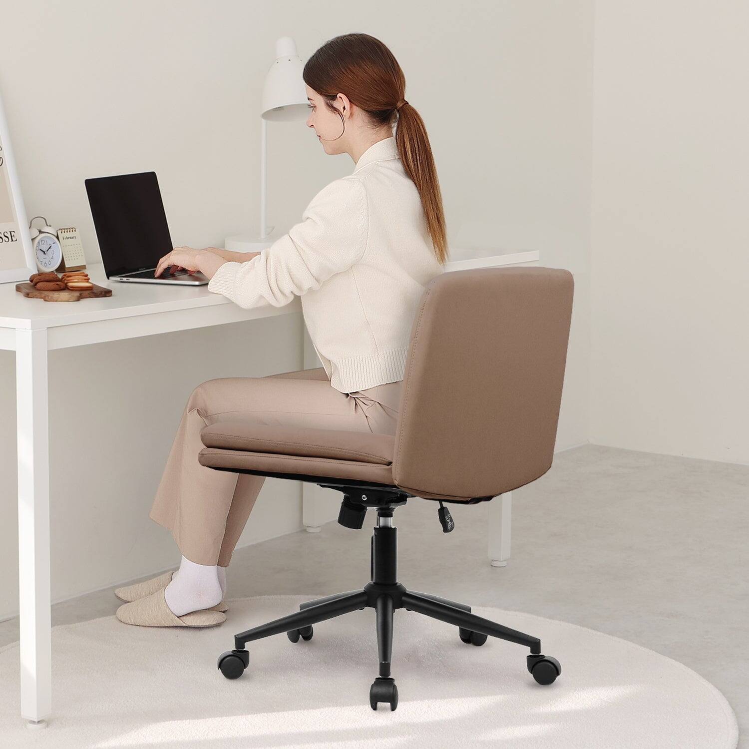 Back. Celtoss - Criss Cross Chair with Wheels, Armless Cross-Legged Office Desk Chair, PU Leather Rolling Vanity Chair for Home Office - PU Leather-Brown.