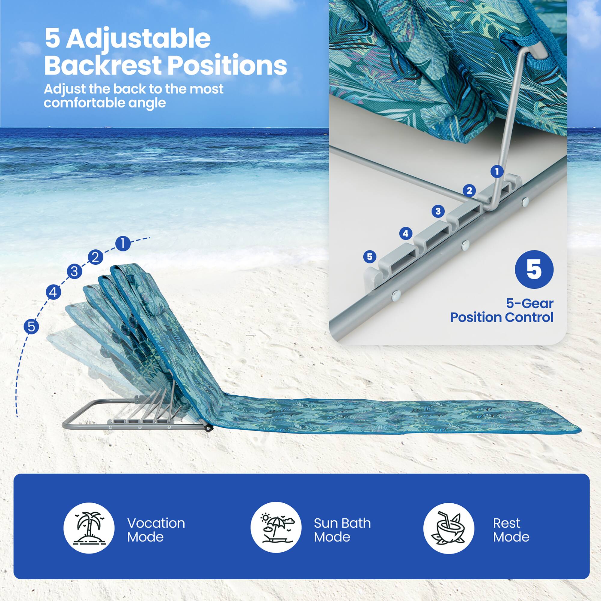 5 Adjustable Backrest Positions  
Adjust the back to the most comfortable angle  

1 2 3 4 5  

5-Gear Position Control  

Vocation Mode  
Sun Bath Mode  
Rest Mode