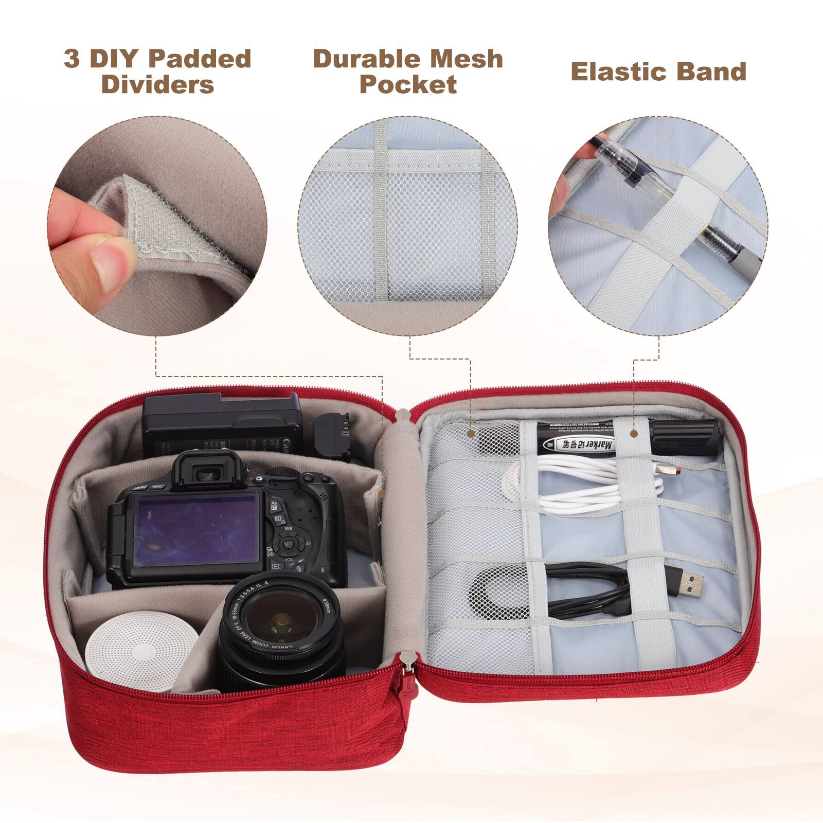 3 DIY Padded Dividers  
Durable Mesh Pocket  
Elastic Band