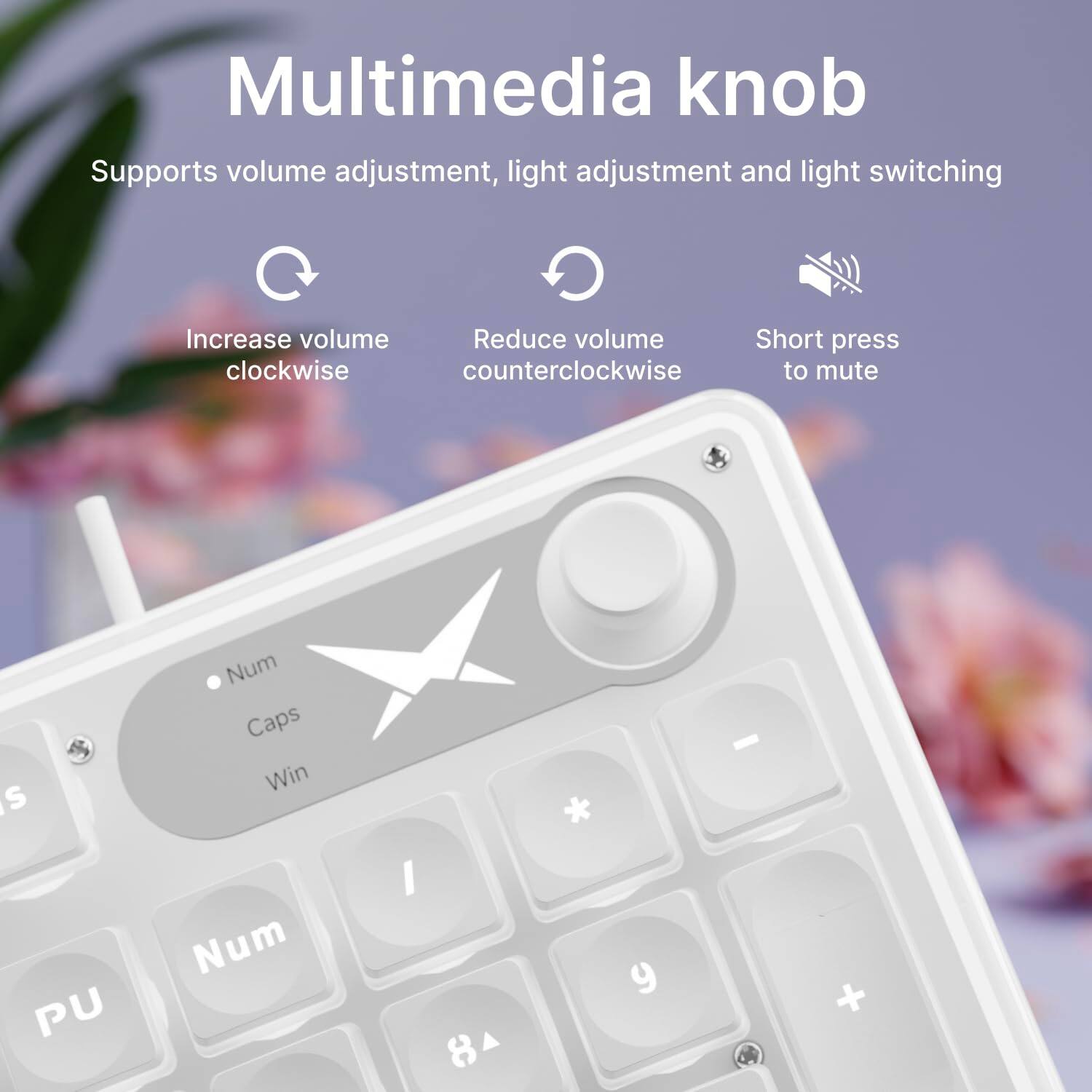 Multimedia knob  
Supports volume adjustment, light adjustment and light switching  

Increase volume clockwise  
Reduce volume counterclockwise  
Short press to mute  

Num Caps Win  
PU Num I 8 * y - +